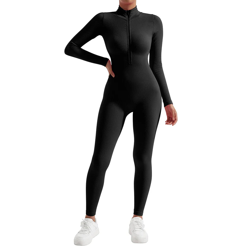 Women's Long Sleeve Solid Bodycon Jumpsuit Zipper Romper Summer Bodysuit Streetwear Overalls Sportswear