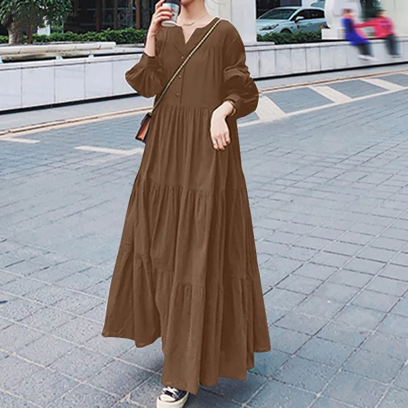 Womens Long Sleeve Swing Dress Cotton Hemp Casual Elegant