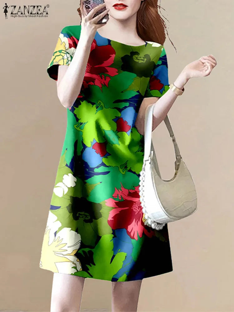Floral Print Knee Length Summer Dress With Short Sleeve