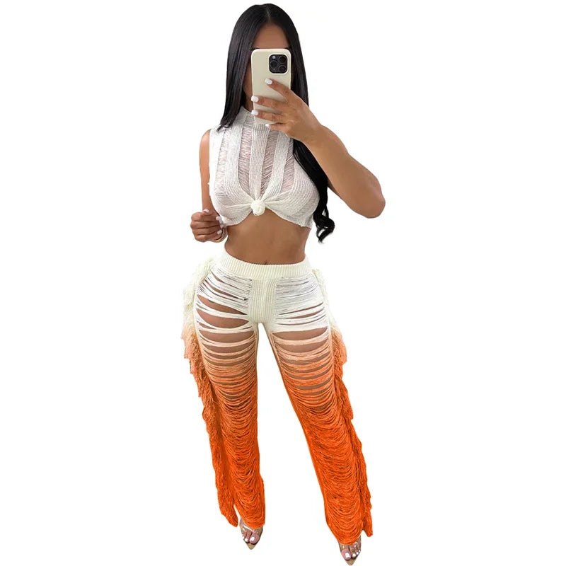 Gradient Color Crochet Two Piece Set for Women Summer Beach Vacation Outfit with Crop Top and Wide Leg Pants