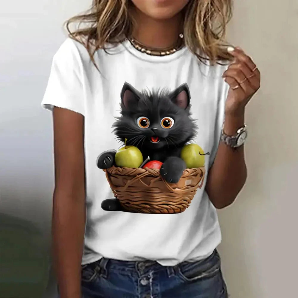 Cute Cat Printed Women's T-Shirt Comfortable Casual Short Sleeve Top for Daily Wear