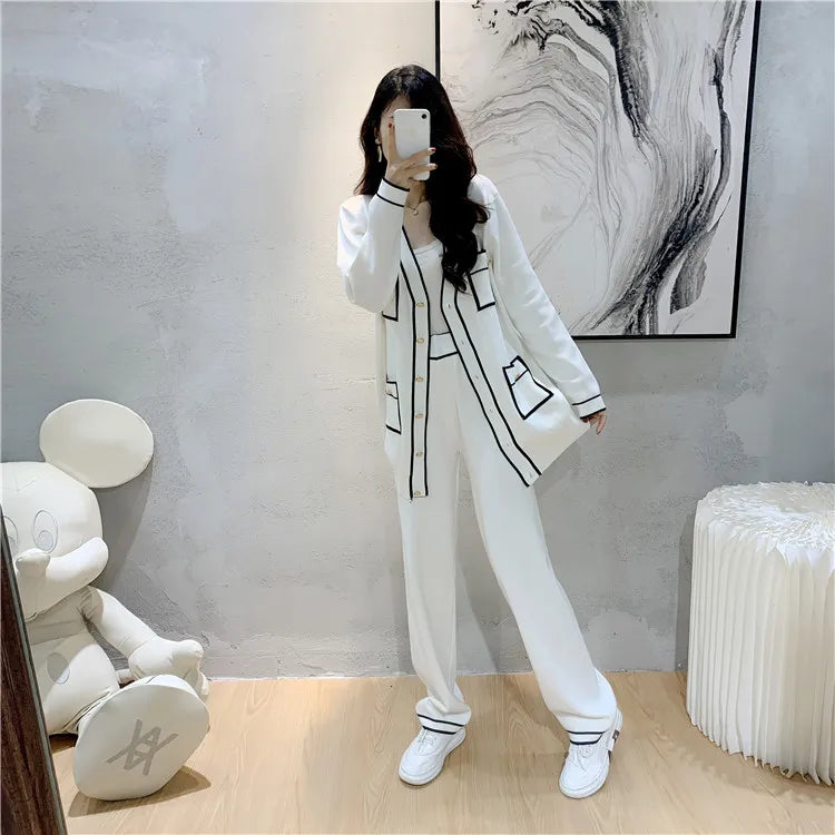 Autumn Elegant Two Piece Trouser Suit for Office Ladies with Long Sleeve Coat and Casual Wide Leg Trousers Set