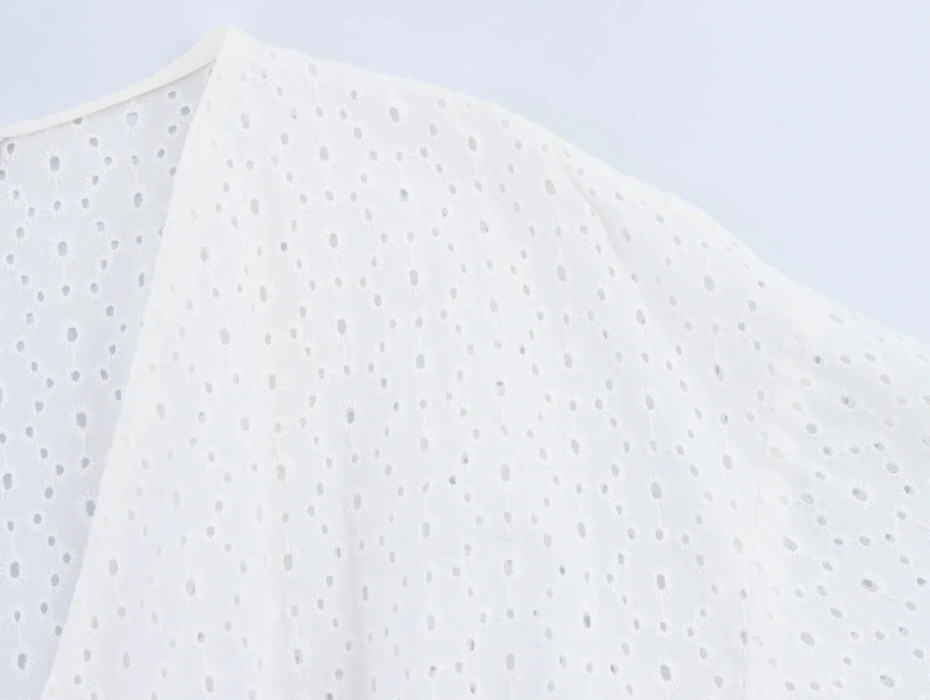 Womens Hollow Embroidery V Neck Lantern Sleeve Mini Dress