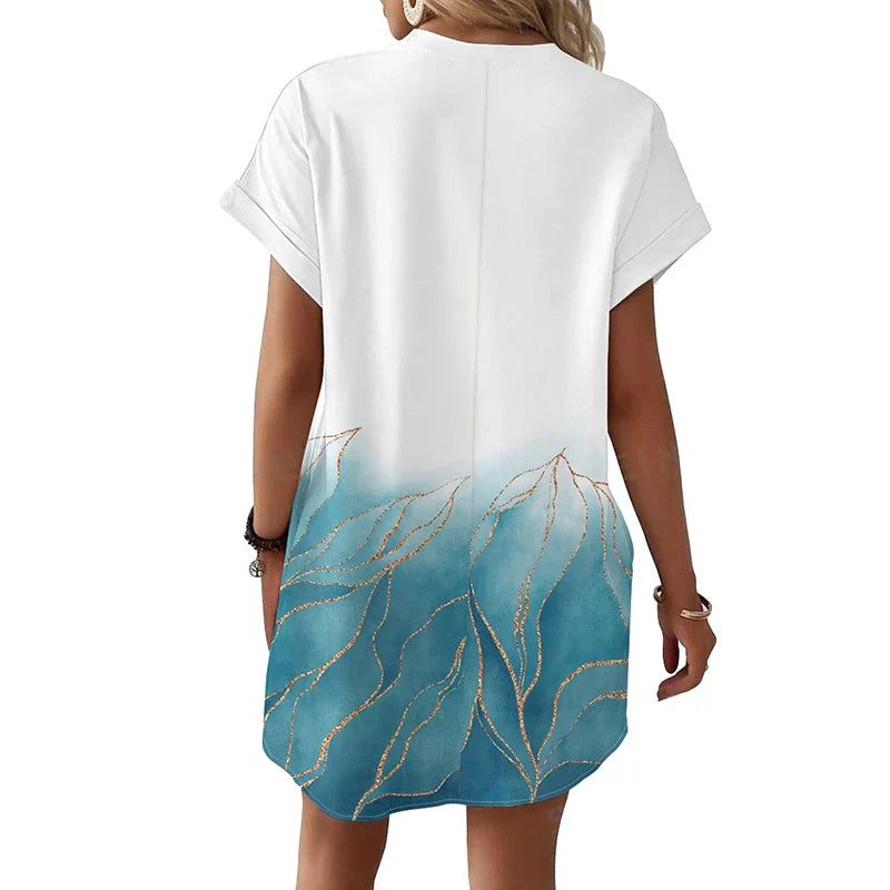 Printed Round Neck Pocket Dress For Women Short Sleeve