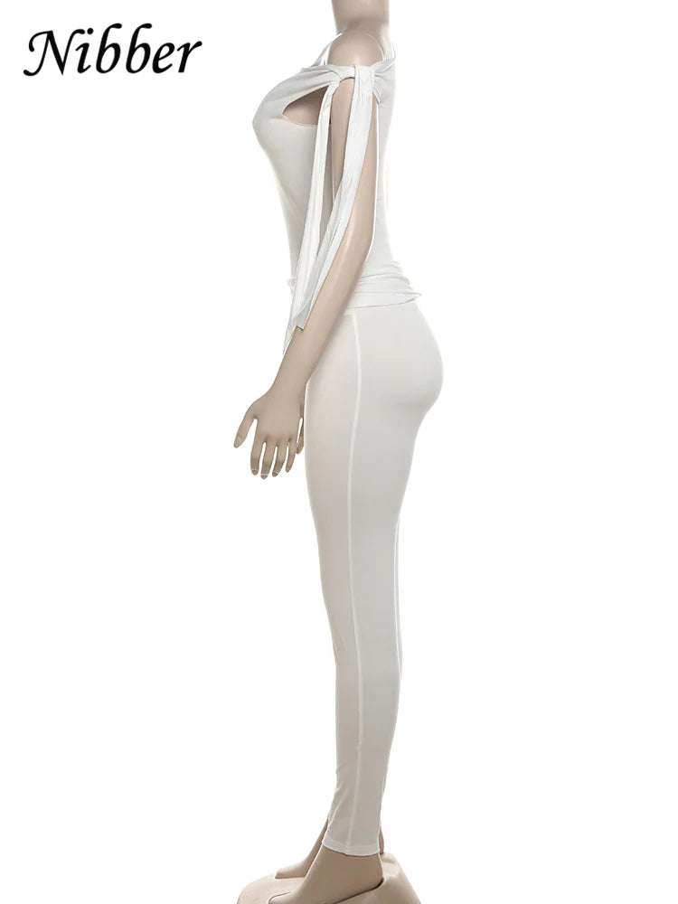 Chic Elegant 2 Piece Women Tracksuit Set with Skew Collar Tank Top and Casual Skinny Leggings