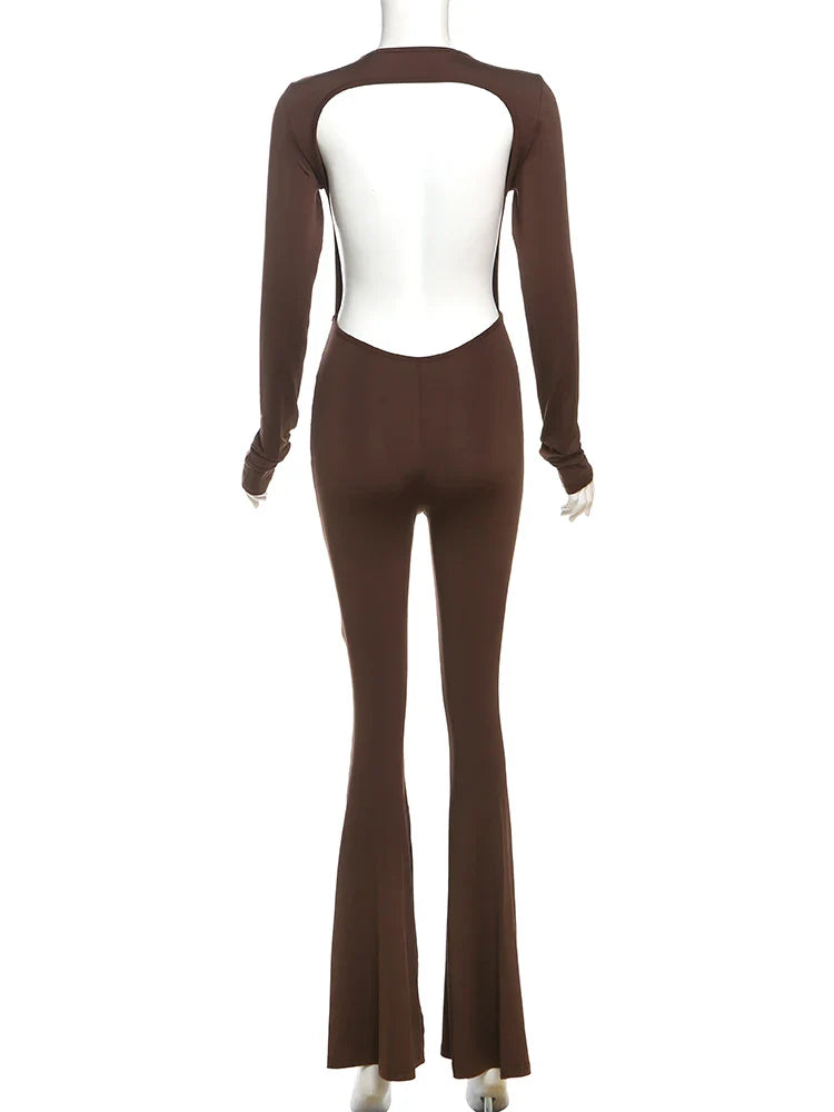 Junior Girls Slim Fit Ankle-Length High Street Jumpsuit Solid Color O-Neck Backless Fashion Romper