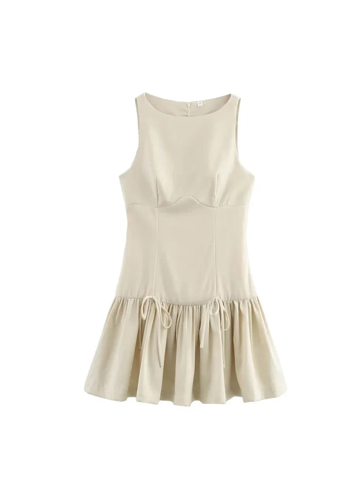 Bow Embellished Sleeveless Pleated Patchwork Dress Women