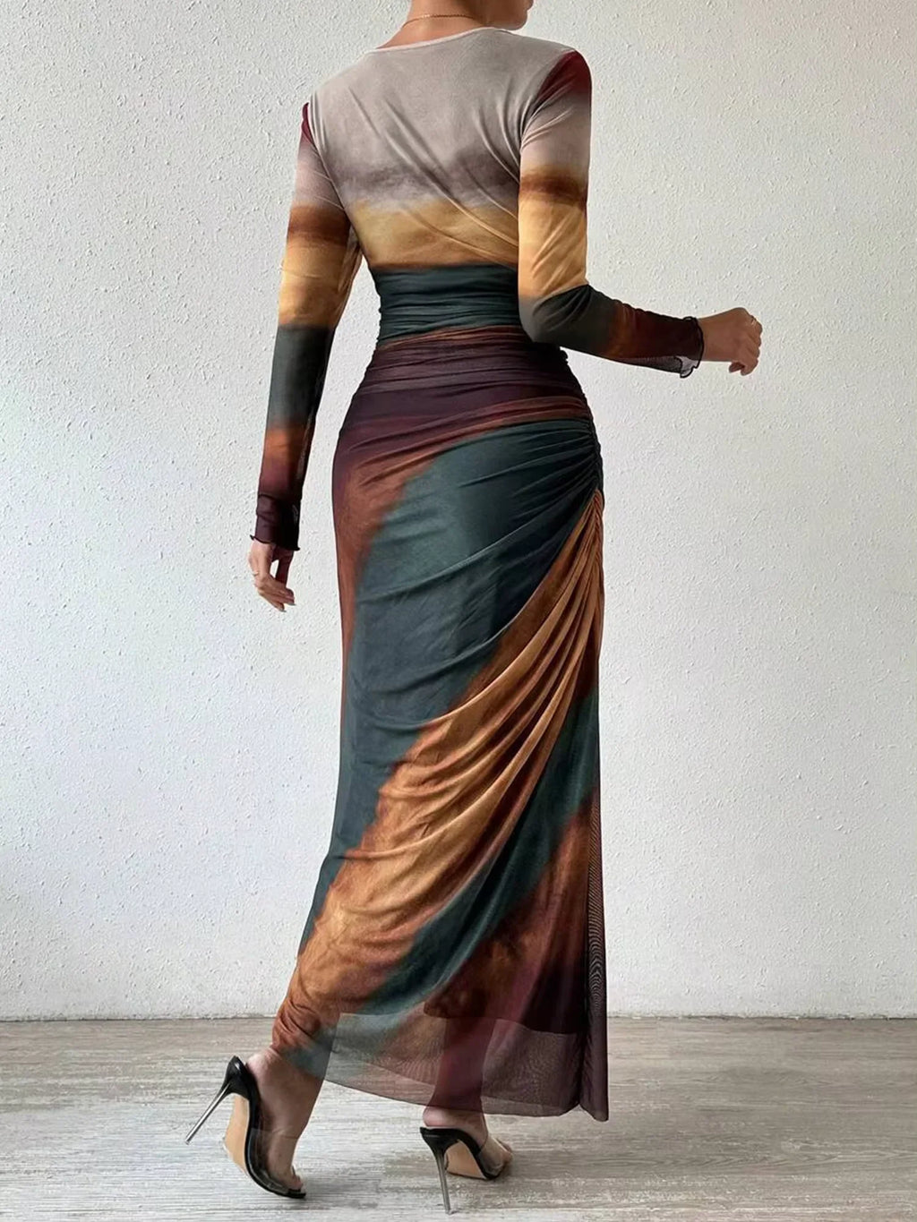 Elegant Mesh Print Midi Dress Slim Fit For Party Wear