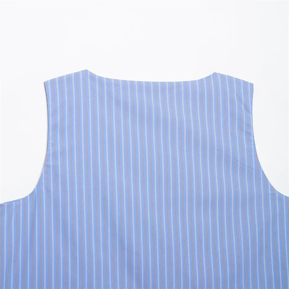 Womens Light Blue Pinstripe Suit Set with Sleeveless Asymmetric Vest and Wide Leg Pants for Stylish Office Attire