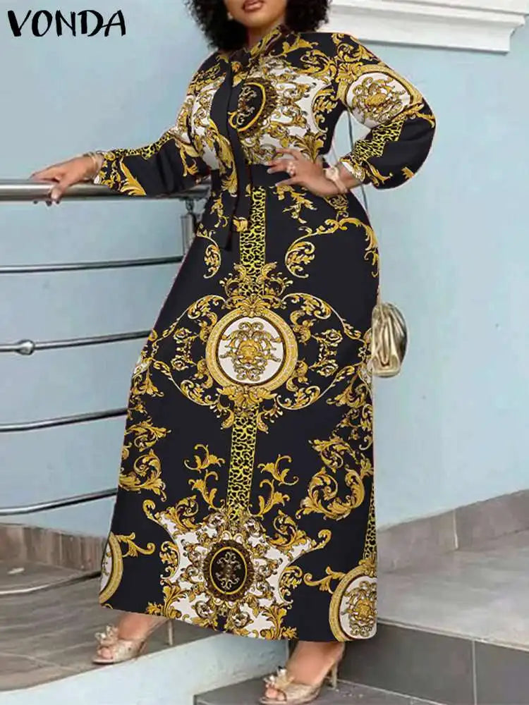 Bohemian Maxi Dress Belted Sundress For Party Long Sleeve