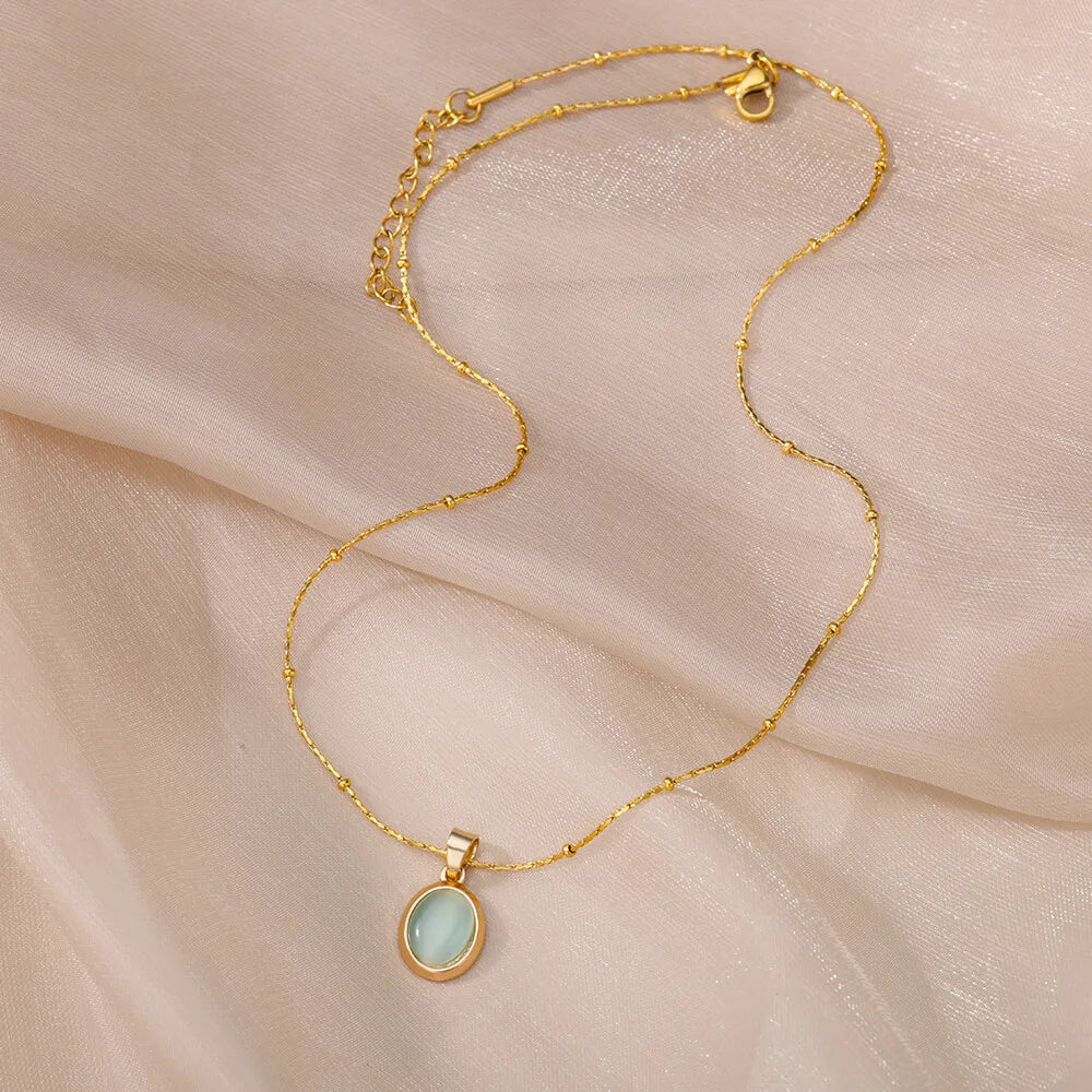 Gold Color Opal Oval Necklace for Women Stainless Steel Pendant Jewelry Gift