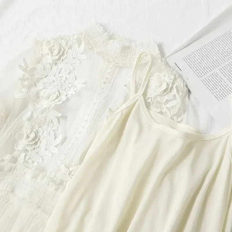 White Lace Mesh Dress With Lantern Sleeves For Women