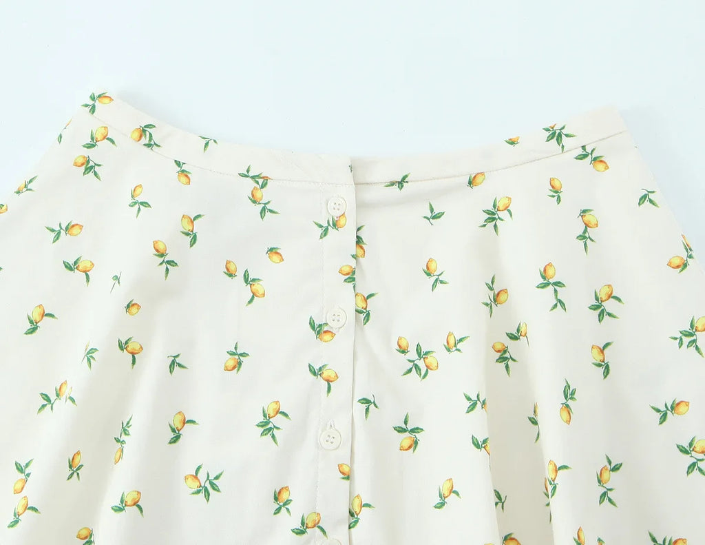 Casual Summer Two Piece Skirt Set for Women Lemon Print Backless Hanging Collar Tank Top with A-Line Mini Skirt Sleeveless Short Top