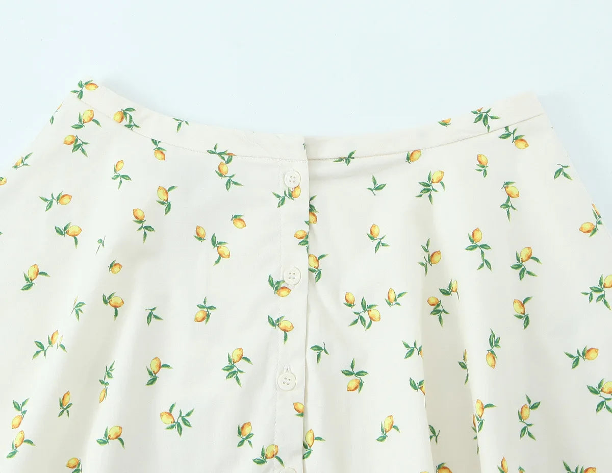 Casual Summer Two Piece Skirt Set for Women Lemon Print Backless Hanging Collar Tank Top with A-Line Mini Skirt Sleeveless Short Top