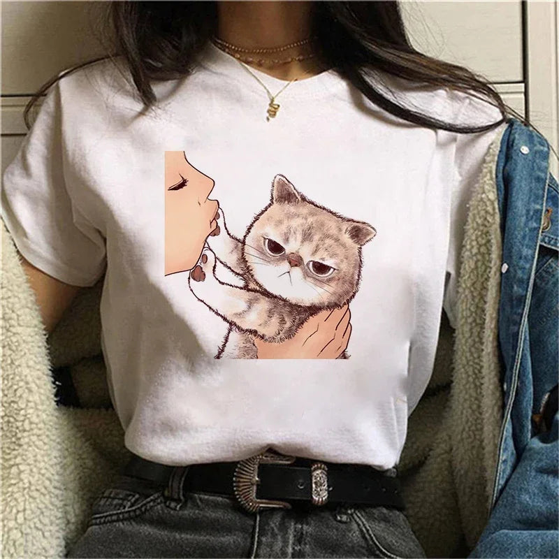 Summer Women Cute Cat Printed T-Shirt Casual Vintage Tee Top
