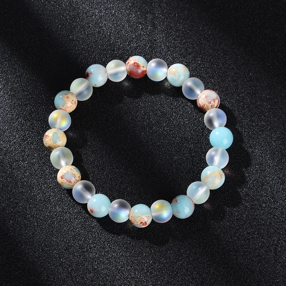Aura Quartz and Ocean Sediment Beaded Bracelet for Abundance and Prosperity - Unisex Homeopathic Crystal Jewelry