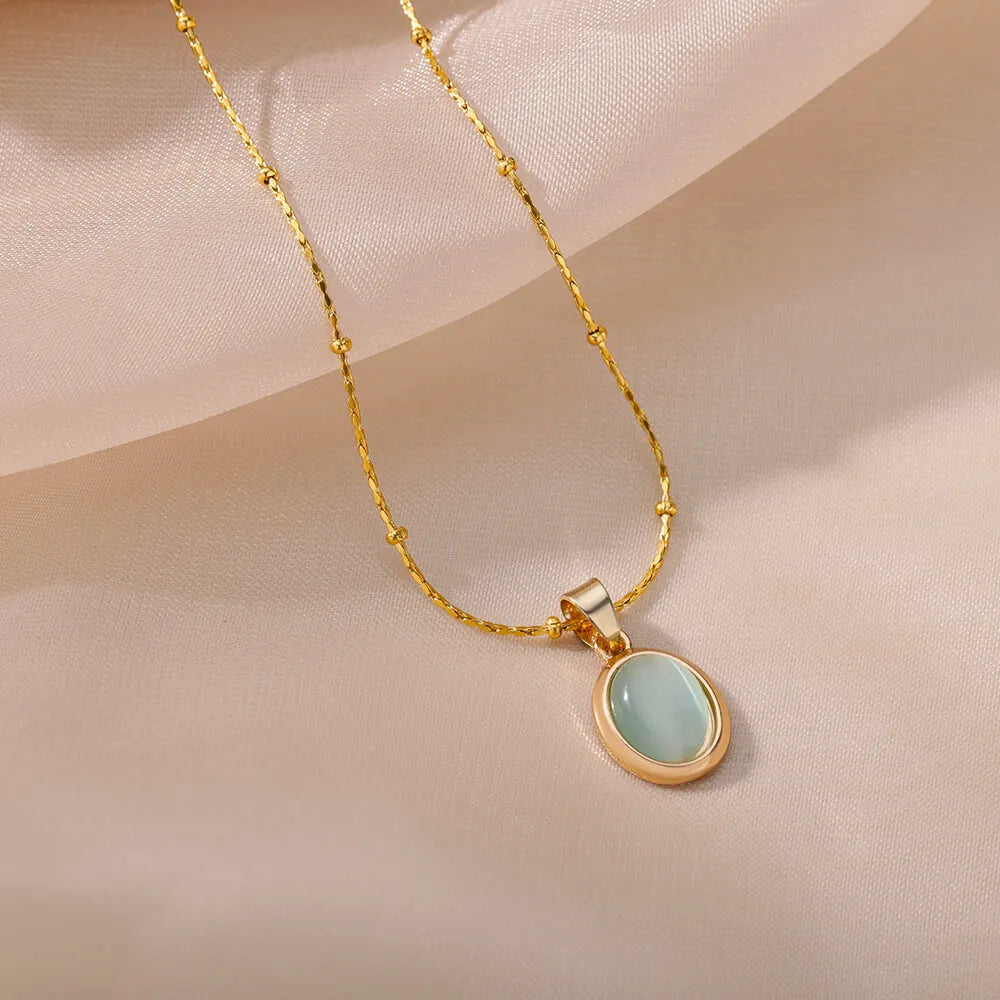 Gold Color Opal Oval Necklace for Women Stainless Steel Pendant Jewelry Gift