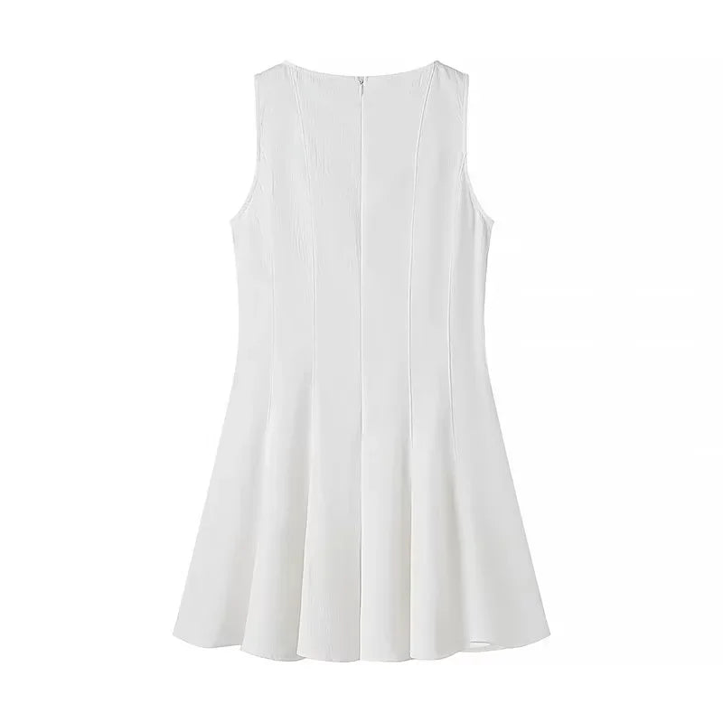 White Sleeveless Mini Dress With Back Zipper Folds Elegant