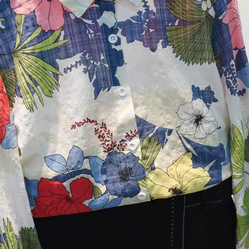 Blue Floral Print Vintage Polo-Neck Long Sleeve Single Breasted Women's Blouse Casual Stylish Top