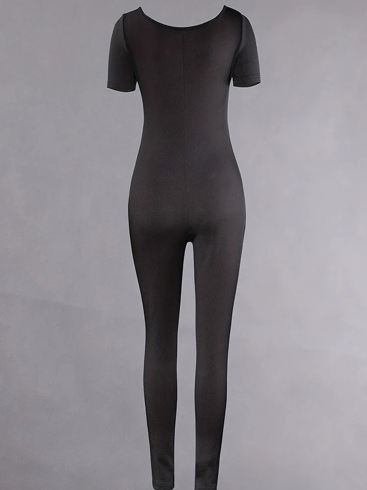 Women's Slim Fit Short Sleeve Solid Color One-Piece Romper Stylish Streetwear Casual Jumpsuit