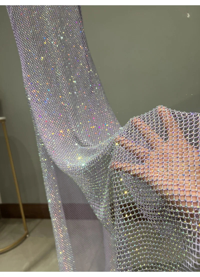 Rhinestone Party Dress Deep V Neck Mesh Club Wear For Women