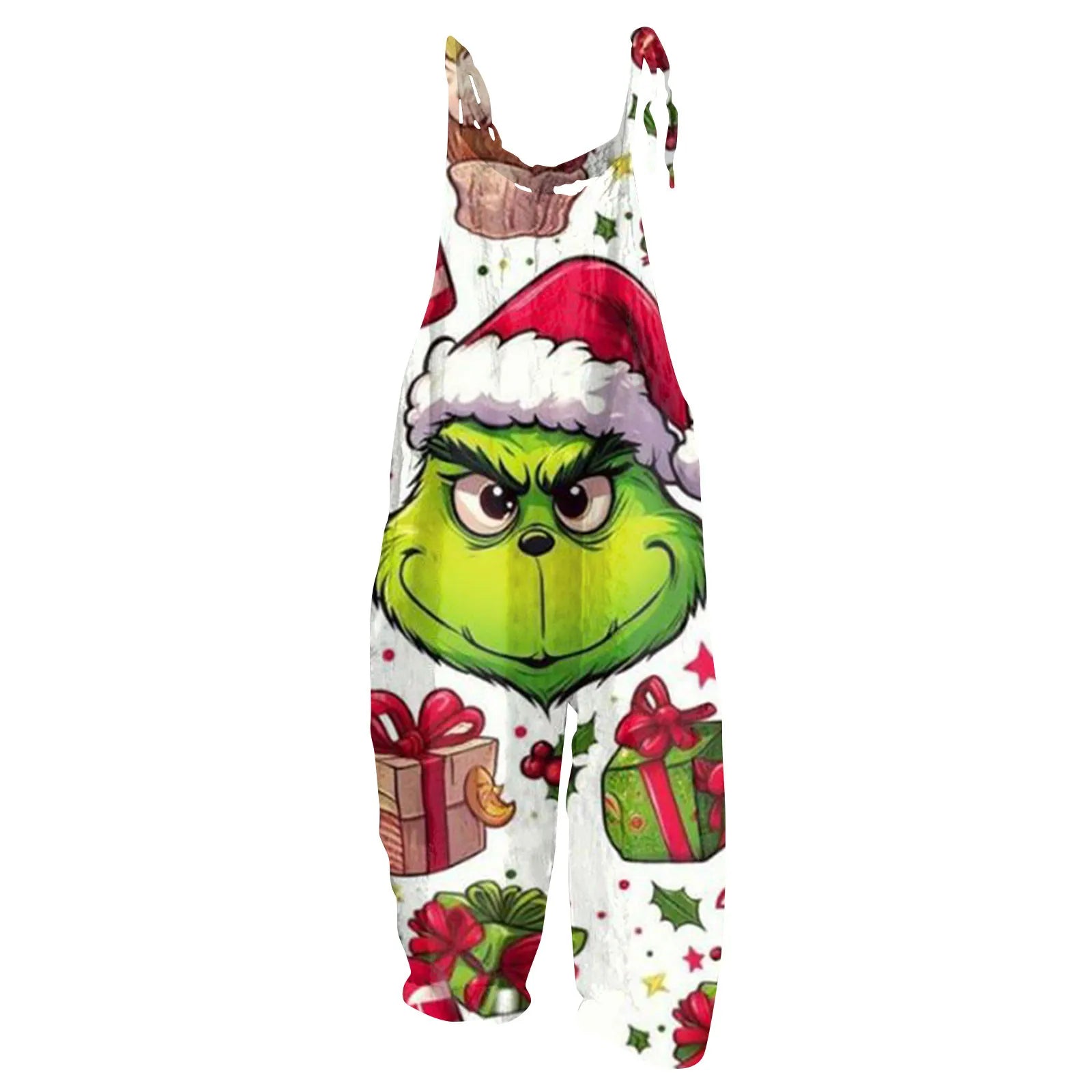 Kawaii Cartoon Print Casual Loose Vintage Strappy Jumpsuit Women's Fashion Festival Pants with Christmas Theme