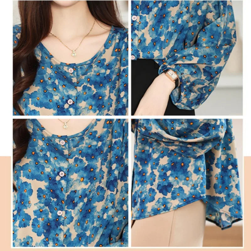 Floral Print Loose Fit Lantern Sleeve Chiffon Blouse Retro Long Sleeve Casual Women's Shirt Top