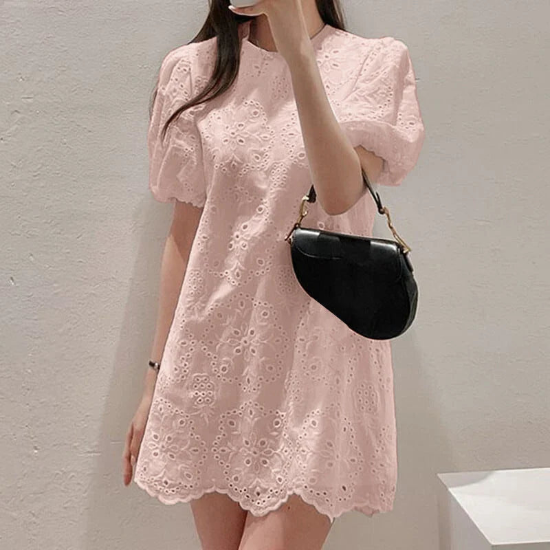 Cotton Sundress With Puff Sleeve Mini For Women Round Neck