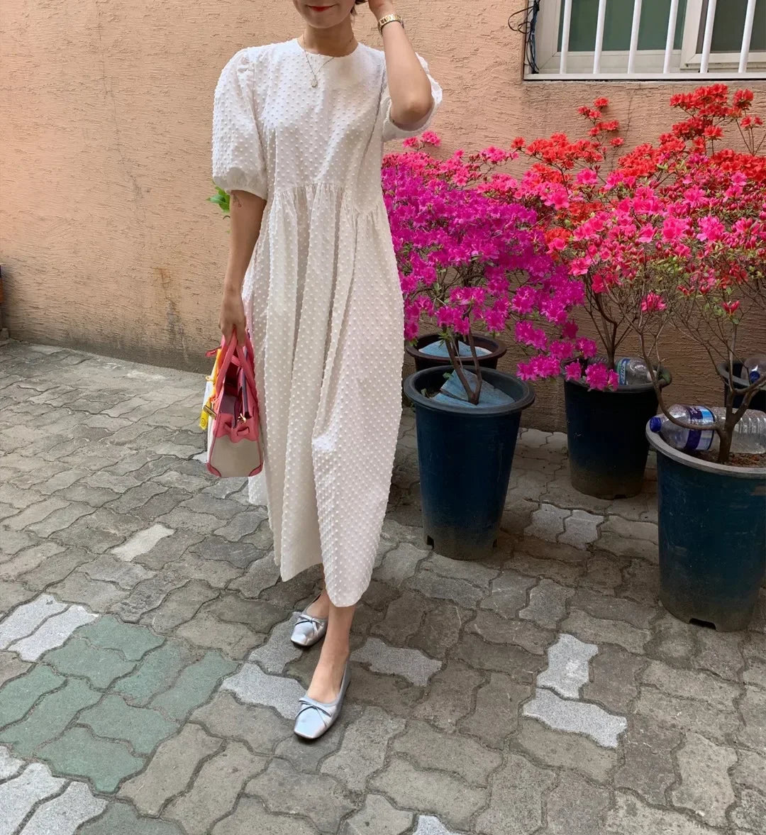 Women Polka Dot Puff Sleeve Long Dress Casual Party