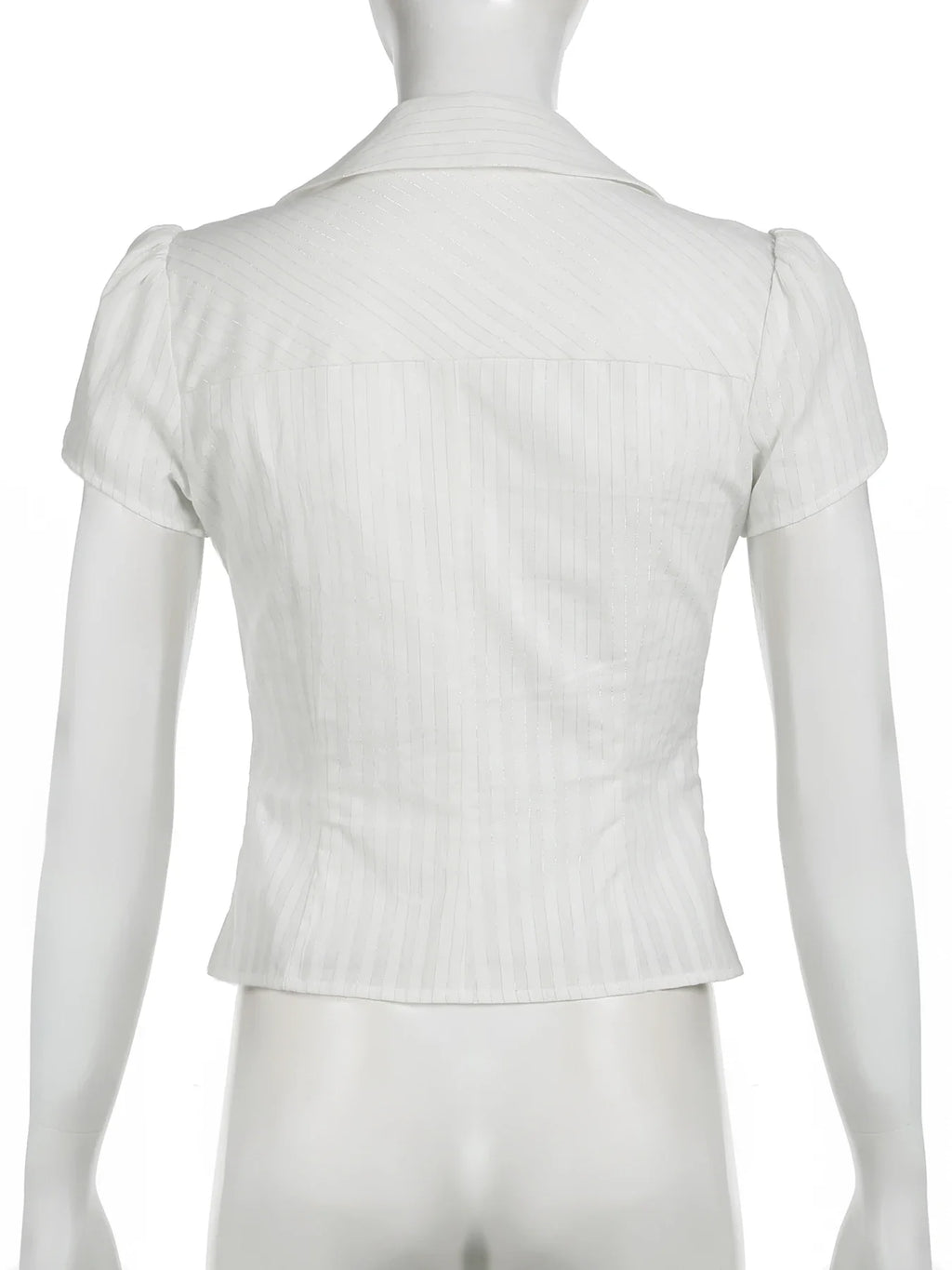 Slim Striped Blouse for Women Casual V-Neck Turn-Down Collar Short Puff Sleeve Summer Shirt