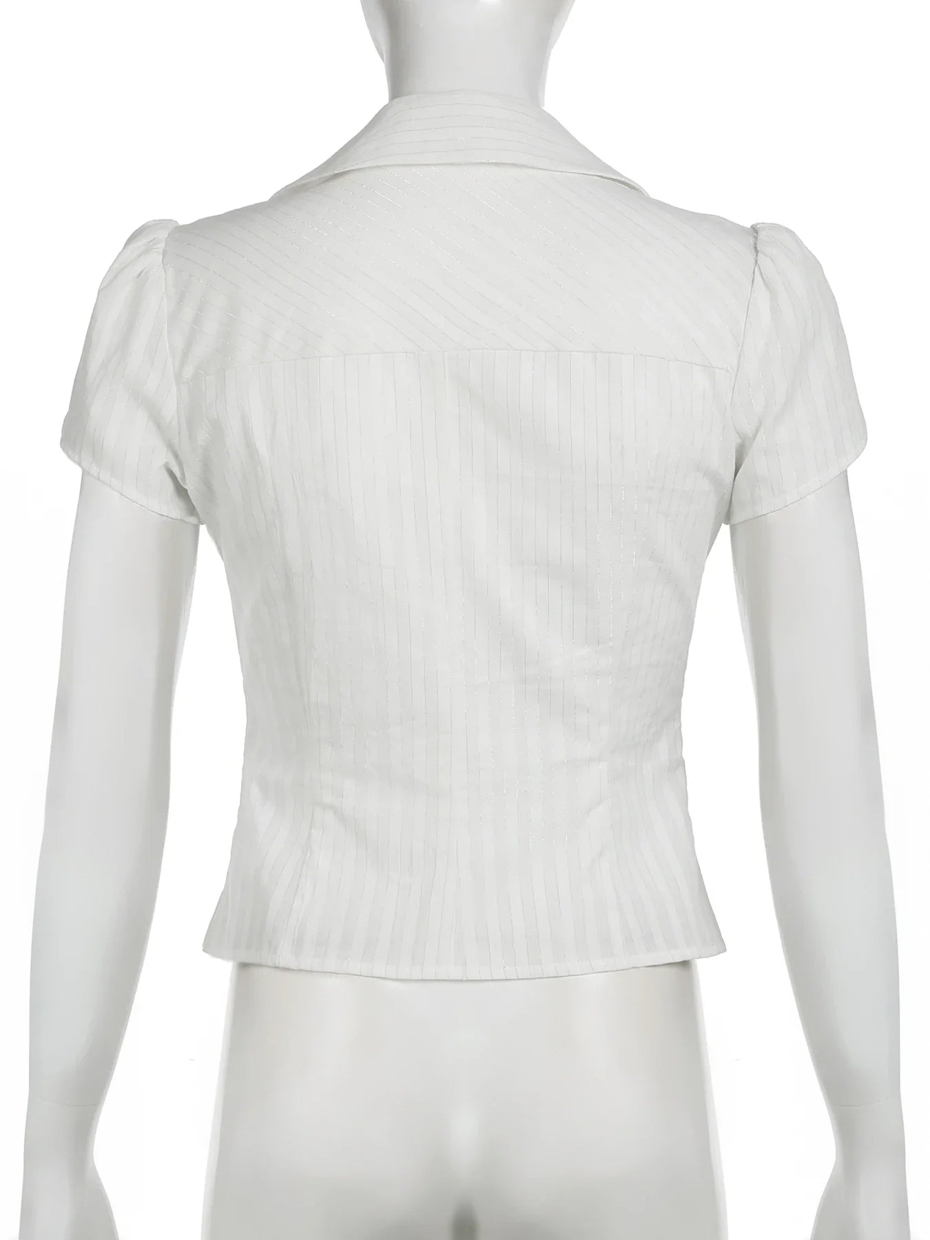 Slim Striped Blouse for Women Casual V-Neck Turn-Down Collar Short Puff Sleeve Summer Shirt