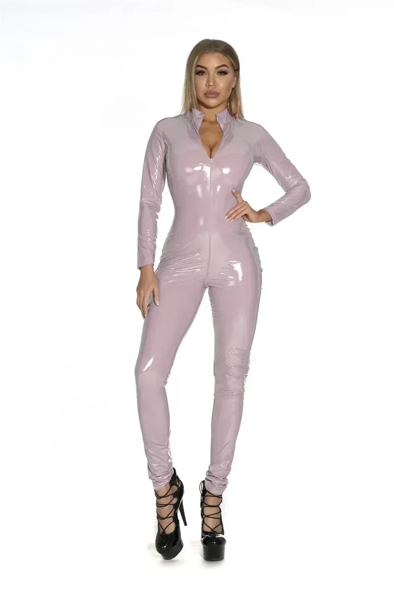 Womens Wet Look PU Leather Jumpsuit Long Sleeve Shiny Latex Bodysuit Zipper Open Crotch Stretch Clubwear Plus Size