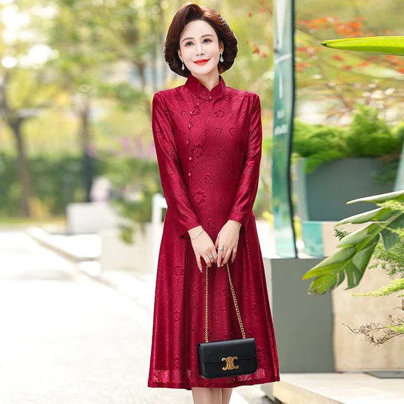 Elegant Lace Dress For Women With Qipao Collar A Line Long