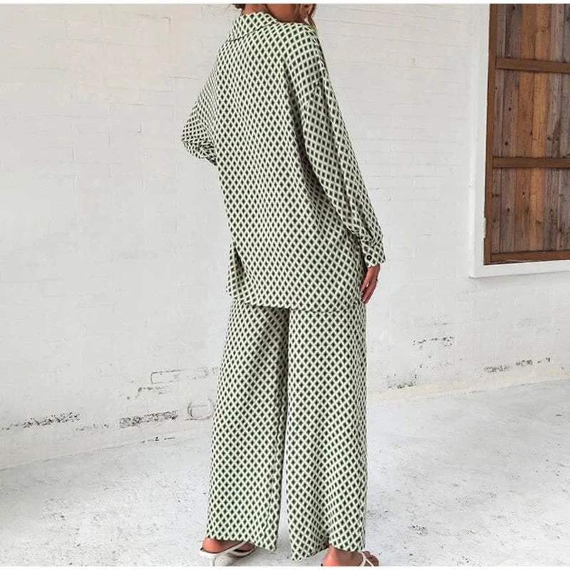 Trendy Print Off Shoulder Shirt and Trouser Set with Long Sleeve Design