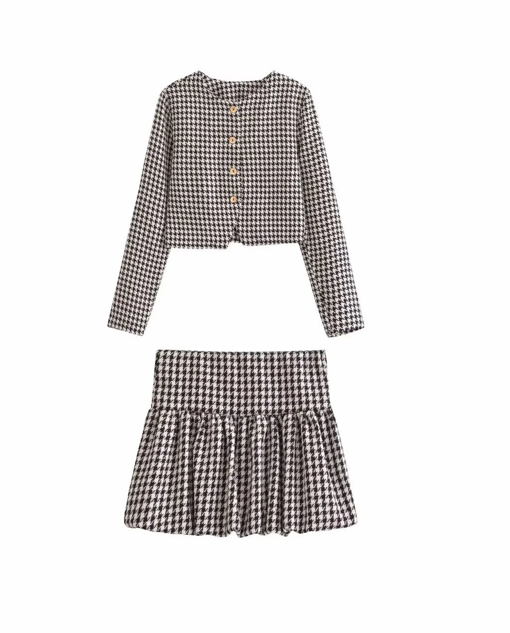 Spring Women's Houndstooth Long-Sleeve Round Neck Commuter Jacket with Casual Temperament Short Skirt Set