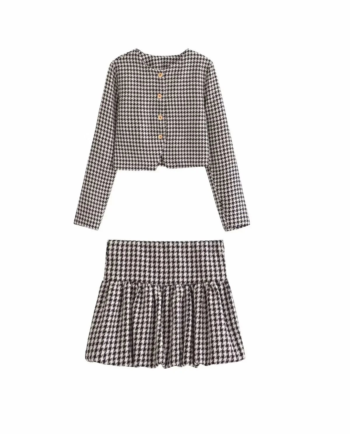 Spring Women's Houndstooth Long-Sleeve Round Neck Commuter Jacket with Casual Temperament Short Skirt Set