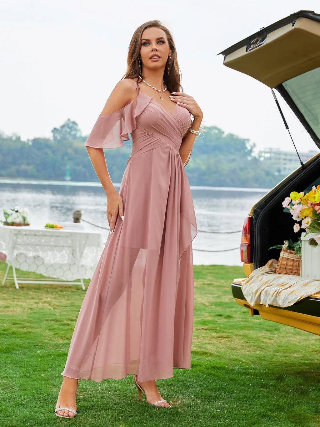 Pink Chiffon Bridesmaid Dress With Cold Shoulder Tulip Hem