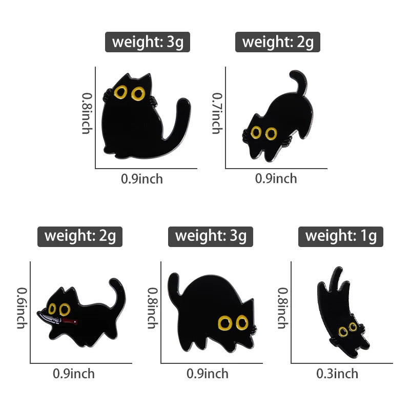 Cute Cat Enamel Pins Set of 4 to 6 Black Fluid Cat Brooches Lapel Badges Unique Animal Jewelry Gift
