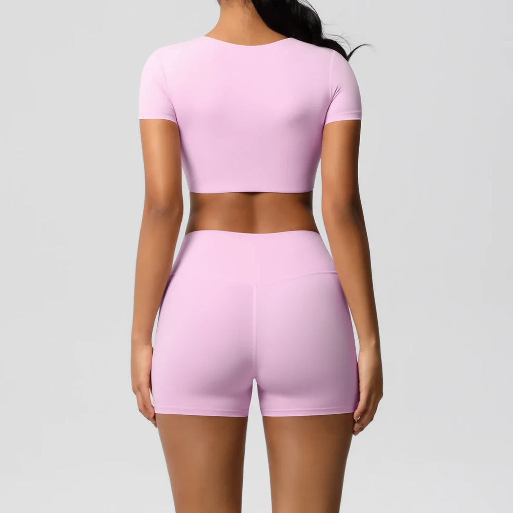 2PCS Women's Fitness Yoga Set High Waist Shorts with Short Sleeve Gym Top Seamless Sportswear Tracksuit for Activewear