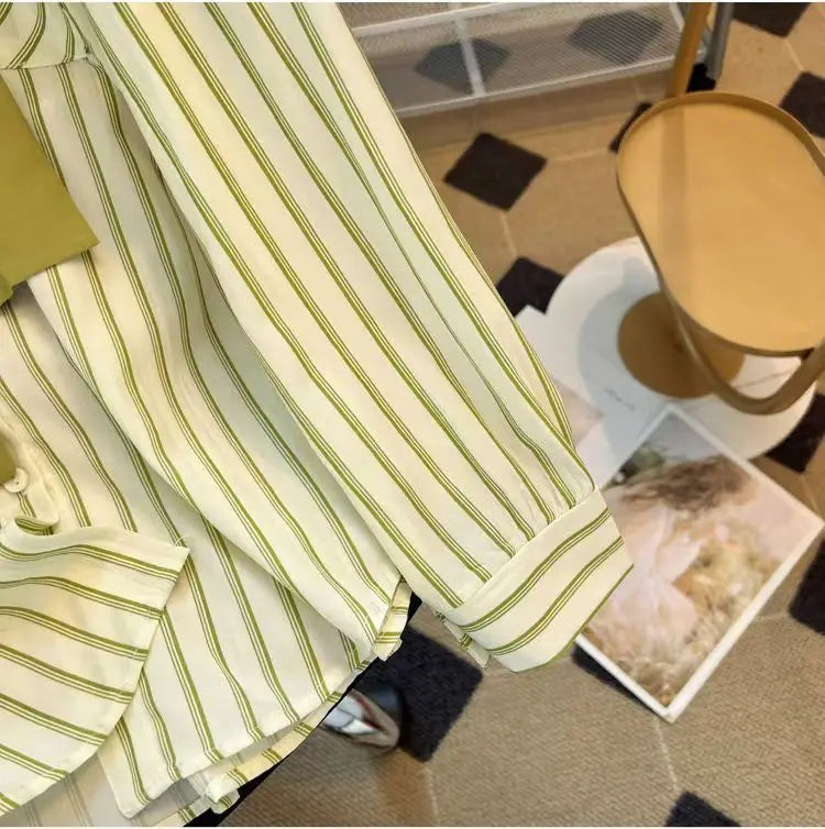 Chic Casual Fake Two Piece Long Sleeve Stripe Shirt for Women Stylish Matching Blouse Top