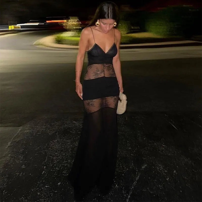 Black Backless Lace Maxi Dress For Women See Through