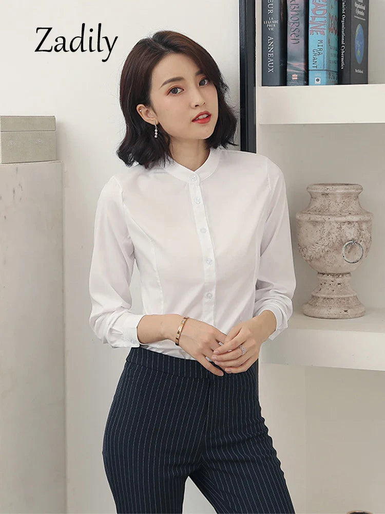 Women's Long Sleeve White Basic Shirt Blouse Stand Neck Tunic Button Up Office Work Top All Season