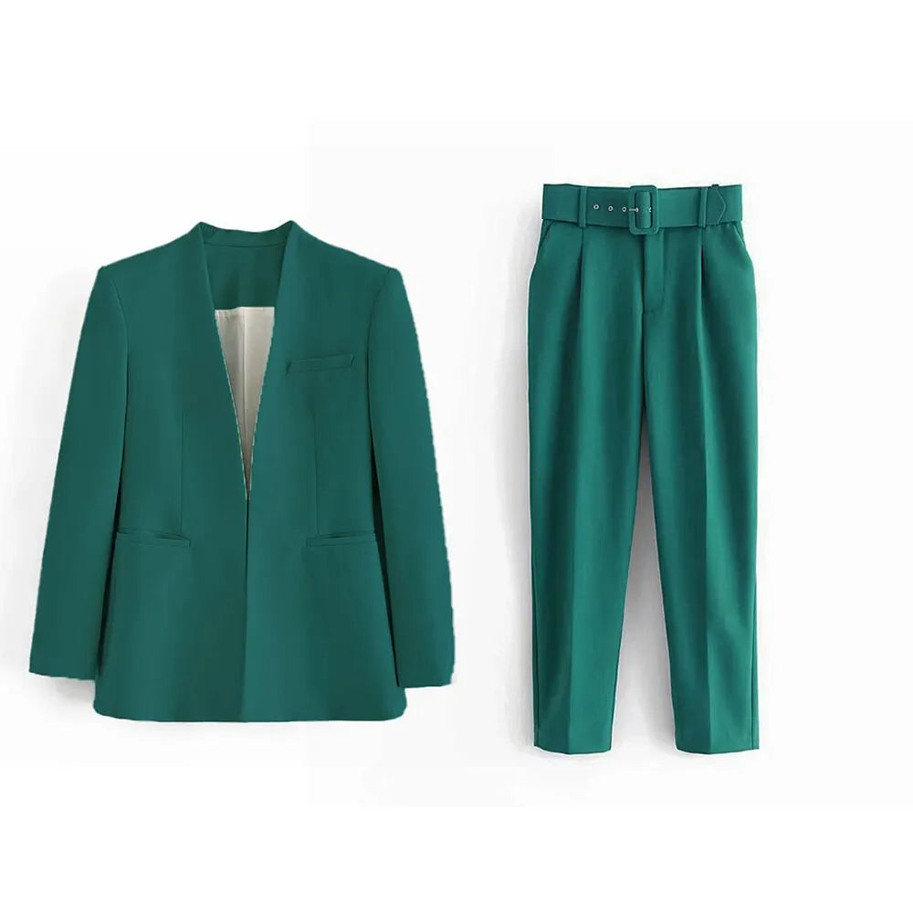 Women's Solid Color Office Suit Coat and High Waist Ankle-Length Pants Set