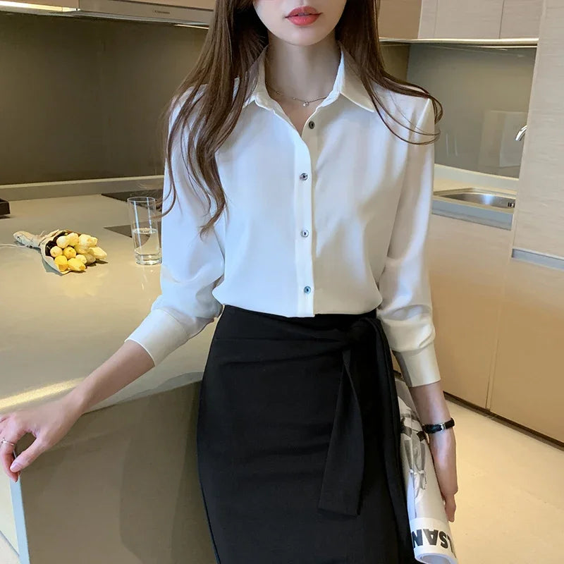 Elegant Satin Long Sleeve Blouse for Women Casual Office Shirt Solid White Basic Top