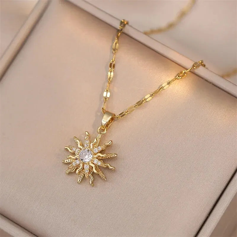 Gold Color Zircon Flower Pendant Necklace for Women Elegant Party Jewelry Gifts