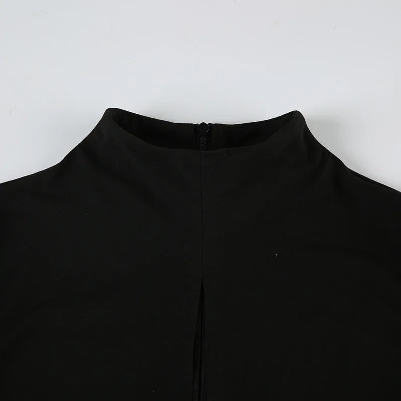 Slim Fit Hollow Out Long Sleeve Semi High Neck Jumpsuit with Elastic Waist Solid Color Women's Slim Pants Y2K Inspired Bottoms