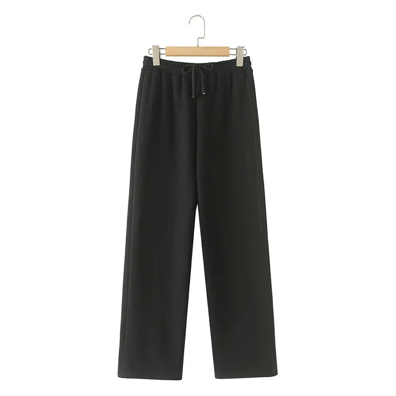 Chic Solid Hoodie and Wide Leg Trouser Set for Women with Elastic Waist and Lace-Up Detail Perfect for Casual and Commute Wear