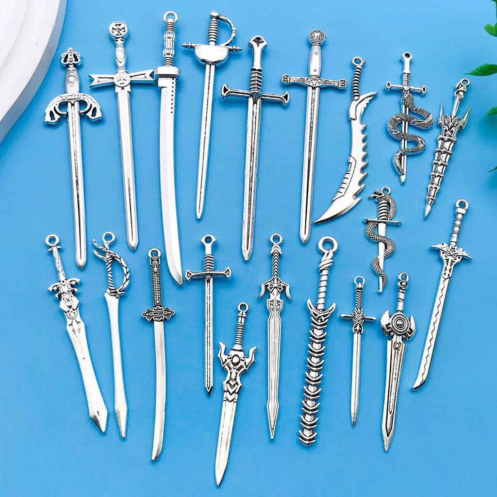 20 Pieces Ancient Silvery Sword Shape Bookmark Set for DIY Jewelry Keychain and Necklace Crafts