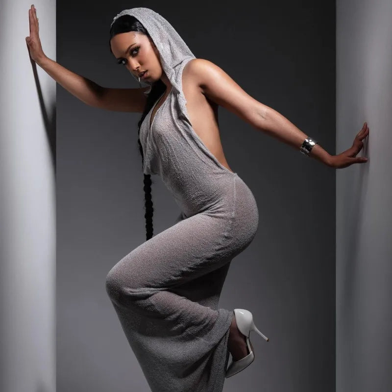 Sleeveless Hooded Dress Slimming Swing Neck Solid Color Long