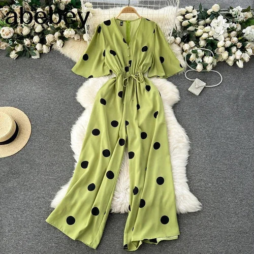 Women Wide Leg Polka Dot Jumpsuit with V Neck Dolman Sleeves and Slim Waist Design